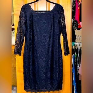 Women’s Navy Lined Lace Dress. Navy lace back vneck. Size 16.